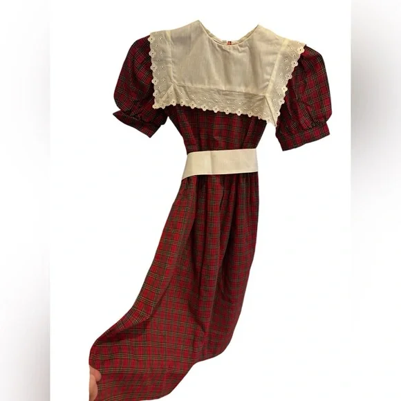 80s SUSANNE LIVELY RED TARTAN PLAID HERITAGE PRINT MAXI DRESS W PILGRIM COLLAR 8 - Picture 2 of 7